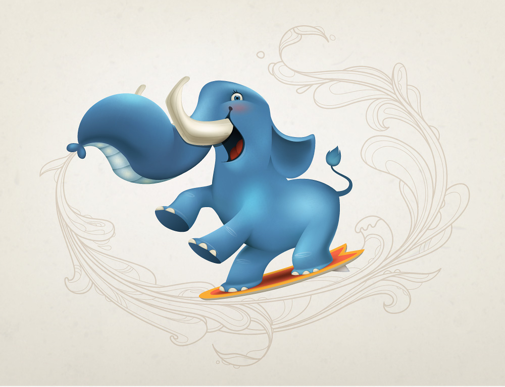 character design elepahnt surfing